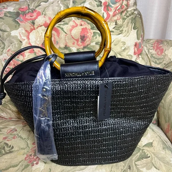 Kendall & Kylie | Bags | Kendall Kyle Straw Black Tote Bag  Kendall & Kylie Raffia Straw Drawstring Tote (black). main image 0